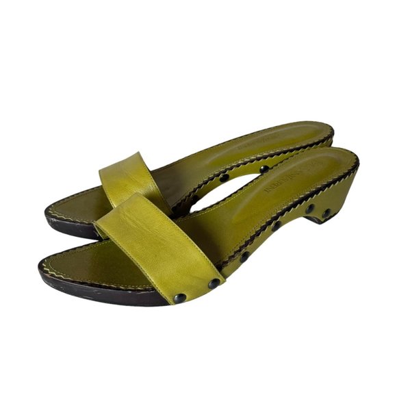 Vintage YVES SAINT LAURENT Green Leather Studded Wooden Slides Sandals Sz.10 - Picture 2 of 16